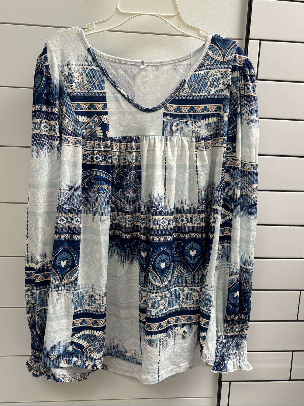 Blue Patterned Long-Sleeve Women’s Blouse